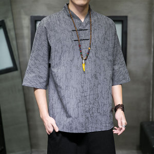 T910* 风落肩中袖暗纹提花古风居仕服复古茶服T恤男禅服 *P55图片