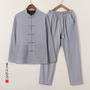 DY38* 风汉服唐装居士服内里抗皱长裤长袖棉麻加厚套装 *P95图片