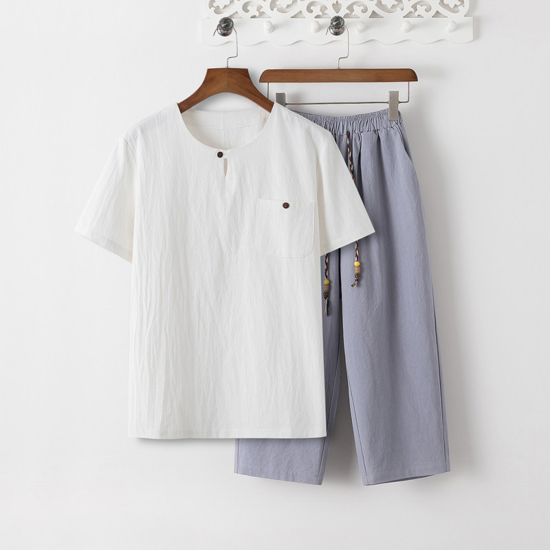 8086*夏季风唐装禅服棉麻短袖古风透气T恤套装男居仕服*P55,男装T恤,星座1516（原B303）