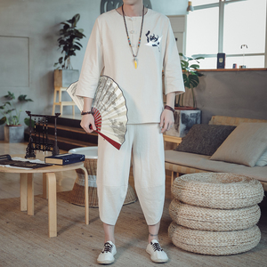 DY23*潮男士棉麻五分短袖T恤套装仙鹤两件套装男 浅灰色 *图片