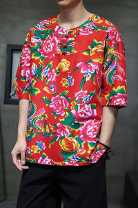 T923* 风复古东北大花布中袖棉质大码古风T恤男 *P28图片