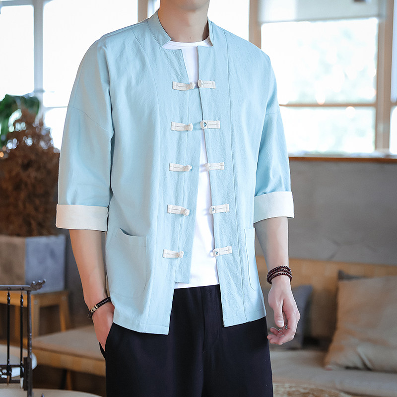 T915*古风盘扣撞色唐装茶服中袖衬衫居仕服纯色禅服*P55,男装衬衫,星座1516（原B303）