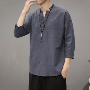 T819* 夏季风男士盘扣复古棉麻中袖古风中袖T恤衫 白色 *图片