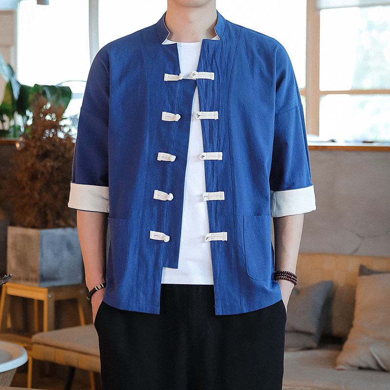T915*古风盘扣撞色唐装茶服中袖衬衫居仕服纯色禅服*P55,男装衬衫,星座1516（原B303）