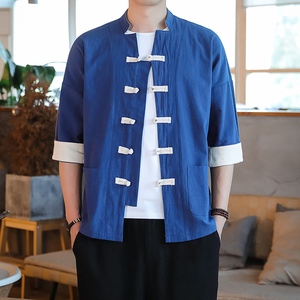 T915* 古风盘扣撞色唐装茶服中袖衬衫居仕服纯色禅服 *P55图片