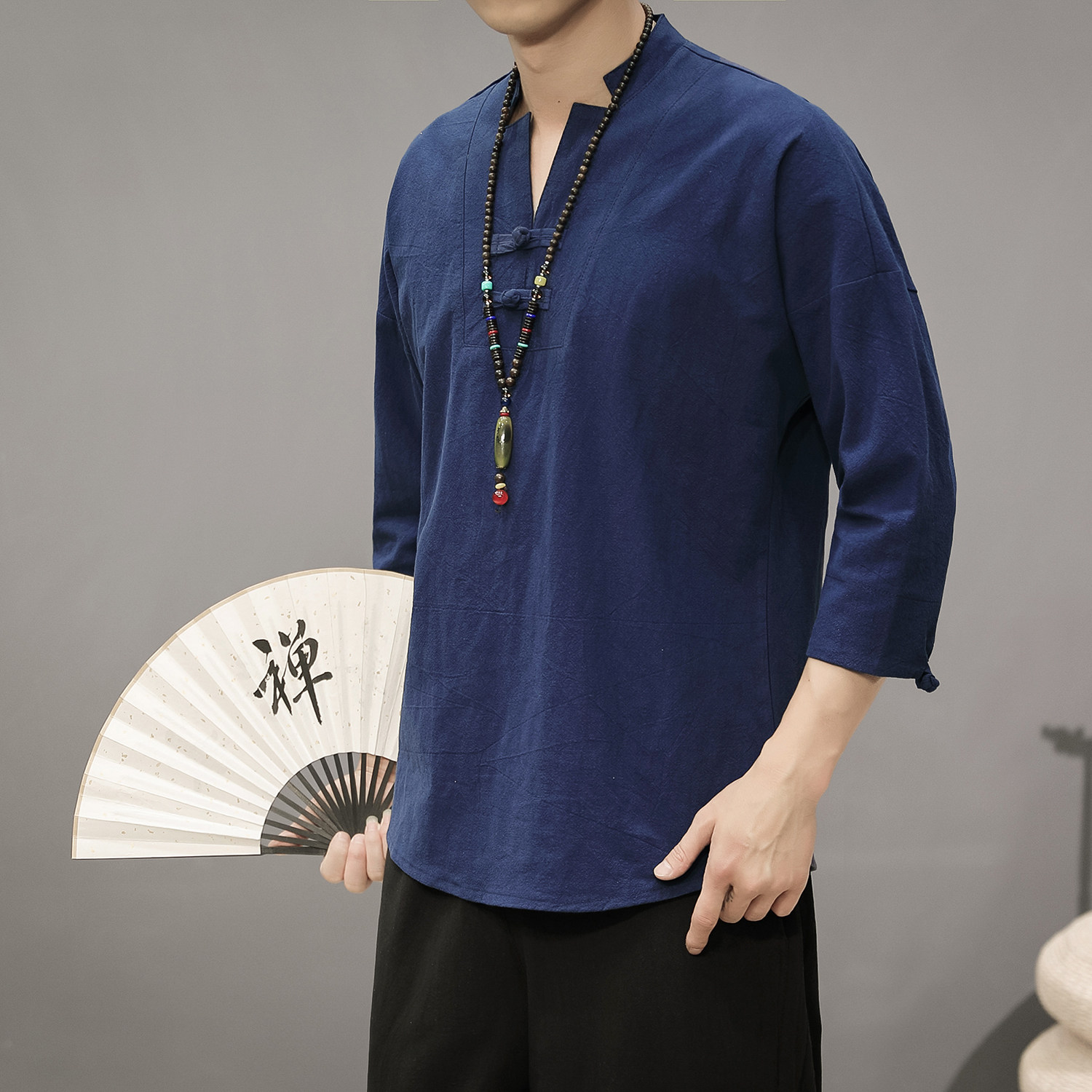 T819*夏季风男士盘扣复古棉麻中袖古风中袖T恤衫白色*,男装T恤,星座1516（原B303）