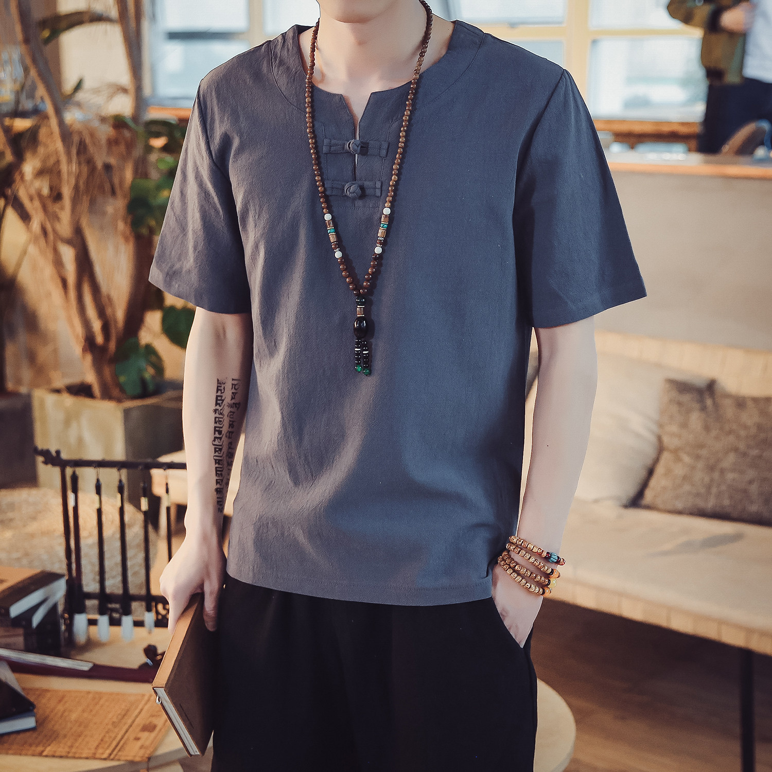 T98*2021夏季男士风复古盘扣棉麻短袖T恤衫灰蓝*，男装T恤，星座1516（原B303）