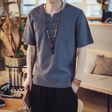 T98*2021夏季男士风复古盘扣棉麻短袖T恤衫灰蓝*，男装T恤，星座1516（原B303）