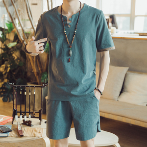 DY12*2021夏季男士棉麻短袖T恤套装大短裤两件套装男 墨绿 *图片