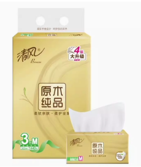 清风金装抽纸120抽M码3包一提4层中规格原木纸巾无香面巾纸家用纸