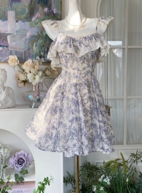 Garden Margaret「古董蕾丝」复古vintage青花瓷碎花小飞袖连衣裙