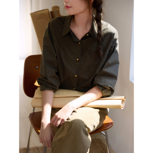 「MISAZ」嘿嘿好巧 秋冬棕色系格子翻领衬衣 巧克力色格纹衬衫