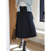 「MISAZ」miu系万能搭 羊毛混纺百褶中长裙 高腰显瘦毛呢半身裙