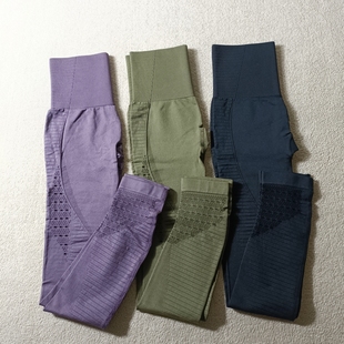 欧美高腰健身裤女紧身高弹镂空透气速干运动长裤跑步瑜伽裤九分