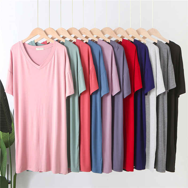 莫代尔夏季v领宽松大码短袖睡裙