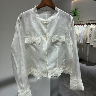欧洲站2025夏款立领蕾丝绣花百搭微透欧根纱真丝衬衫上衣