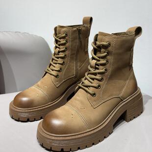 欧洲站真皮女靴2025新品擦色磨砂皮侧拉链短靴粗高跟机车马丁靴