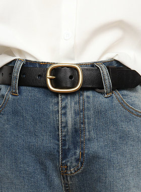 铜扣女士皮带真皮百搭裤腰带牛仔裤装饰黑色复古裤带纯牛皮免打孔