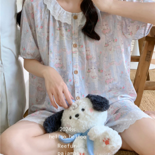 日系茶杯小猫蕾丝边宽松舒适圆领睡裙短袖 凉爽家居服 短裤 睡衣套装