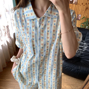 棉纱睡衣女 长裤 A类100%纯棉卡通春秋双层纱布家居服套装 短袖