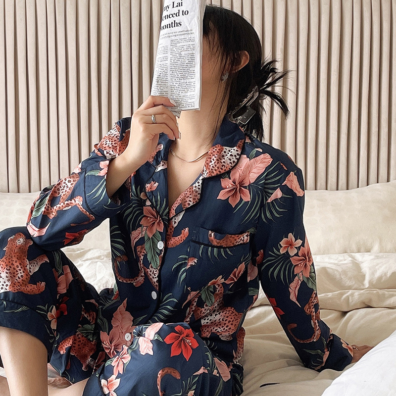欧美女士纯棉丛林豹子家居服套装
