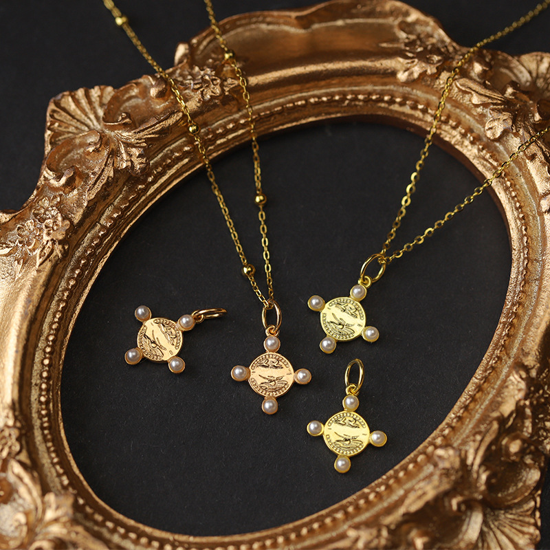 日系轻奢 珍珠硬币刻字个性吊坠  s925银镀10k金