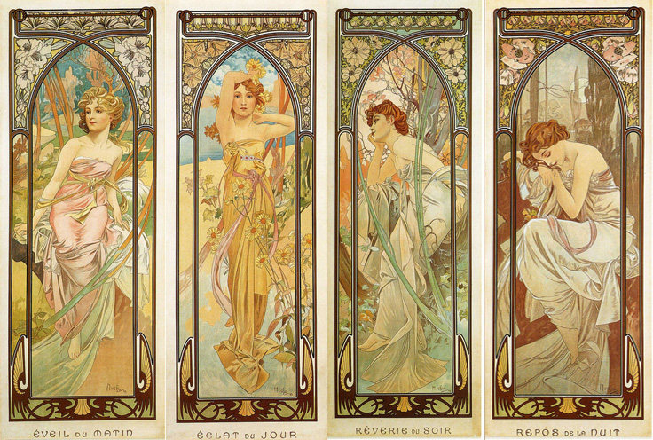 客厅玄关装饰画人物穆夏一日四时清晨白天黄昏夜晚画芯喷绘f11