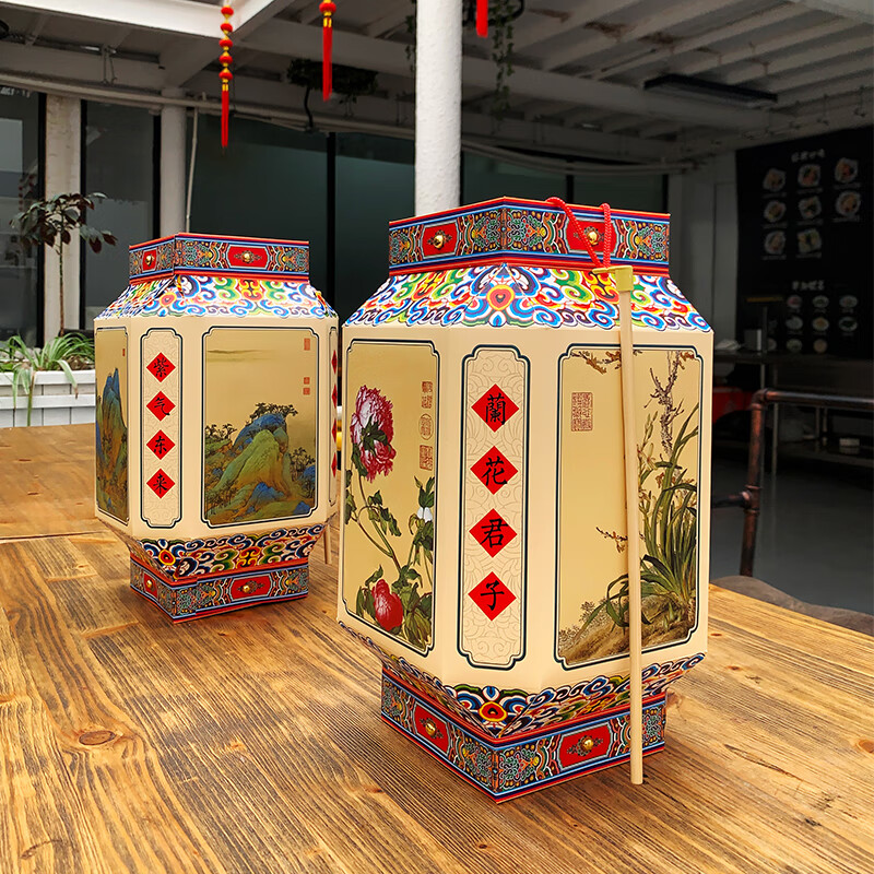 福人福地儿童手工DIY纸灯笼镂空发光亲子手工千里江山八角宫灯1对