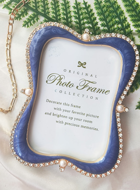 出口日本3.5寸5寸珍珠水钻蓝色金属相框拍立得摆台轻奢精致礼物
