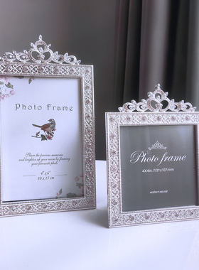 现代法式皇冠方形4寸6寸7寸金属水钻相框蕾丝婚照轻奢画片随机
