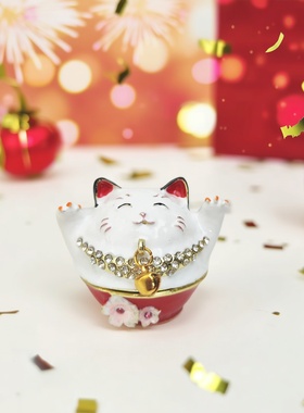 出口迷你樱花招财猫水钻金属首饰盒首饰收纳摆件礼物