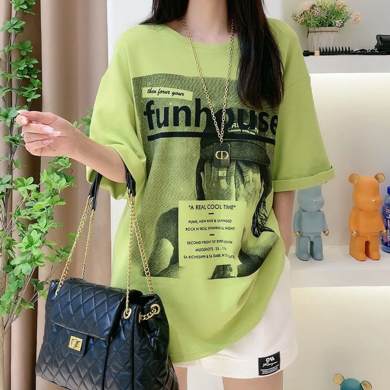 纯棉短袖t恤女宽松中长款印花时尚百搭半袖夏季韩版大码上衣ins潮