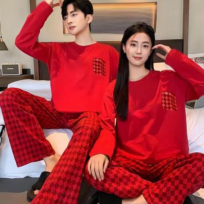 本命年情侣睡衣100%纯棉春秋季长袖蛇年大红色男女全棉家居服套装