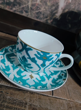 绝版绿色异域图腾花纹陶瓷咖啡杯碟一套孤品