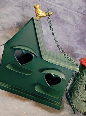 设计师款中古厚铁墨绿色铸铁金色小鸟爱心双房子造型鸟屋鸟窝孤品