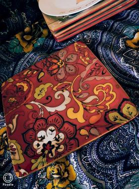 异域民族风红色图腾浮雕款大方盘饭盘水果盘装饰盘挂盘家居装饰