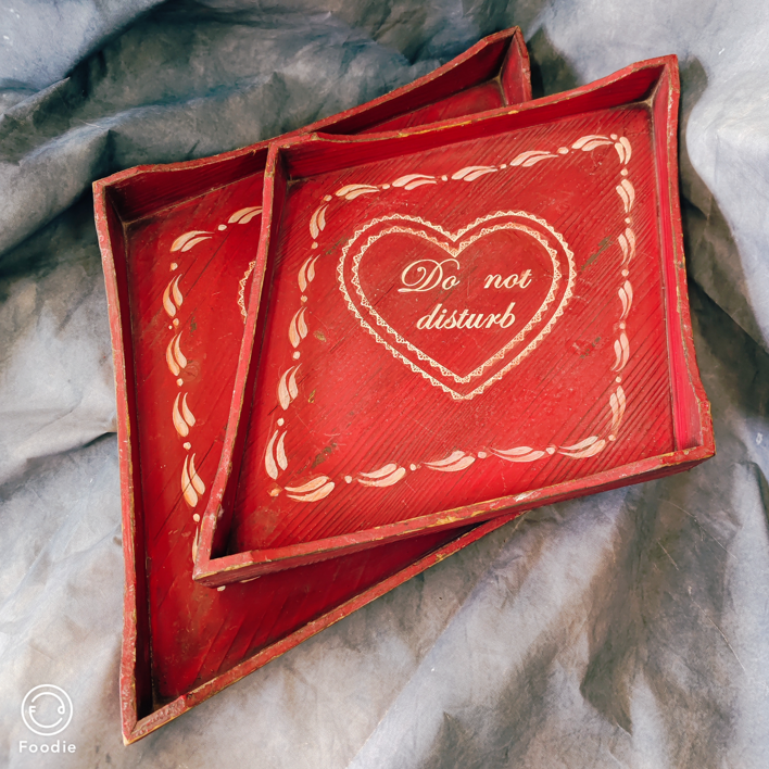 红色菱形实木复古做旧托盘孤品两件套