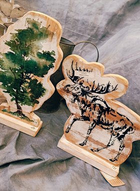 圣诞风实木麋鹿与树图案随行摆件孤品不退换