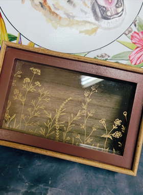 中古木质玻璃面花朵图案酒红色收纳盒首饰盒孤品（瑕疵随单包邮）