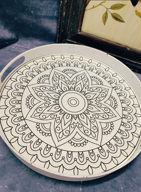 法式做旧白色图腾花纹铁+木托盘茶盘孤品~板子不牢固需自己固定