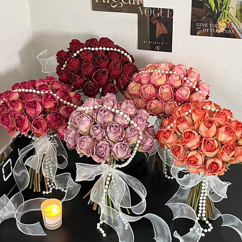 复古安哥拉红焦边玫瑰花仿真花摆件餐桌花手捧花DIY花材KE0498