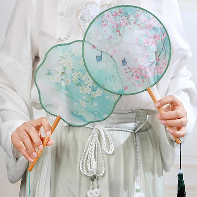 团扇古风扇子古装小圆扇双面儿童汉服夏天女童舞蹈扇长柄HF0179