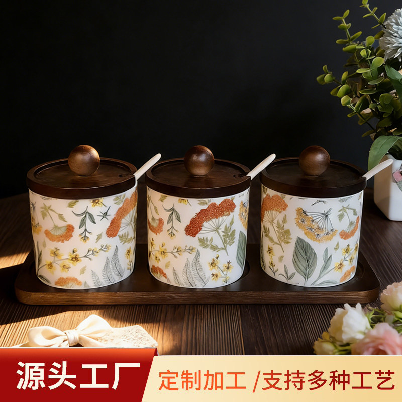 陶瓷调料罐套装厨房家用木盖印花收纳盒调味瓶罐三件套,厨房/烹饪用具,调味瓶罐/调料研磨器,淘宝优惠券,粉丝福利购,淘宝优惠卷
