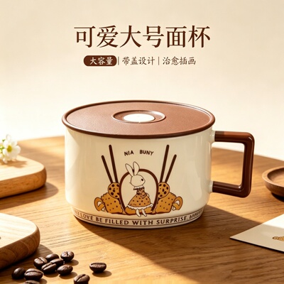 卡通陶瓷泡面碗带盖手柄大容量