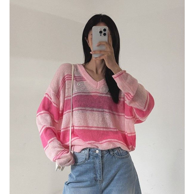 My girl春夏季新款韩国代购简单流行时尚百搭休闲条纹套头针织衫