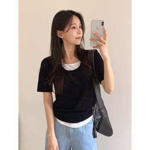 My girl夏季新款韩国代购流行时尚舒适百搭简单假两件套短袖T恤