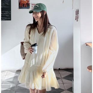 甜美淑女气质流行百搭显瘦V领长袖 韩国代购 新款 连衣裙 girl春季