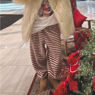 girl冬季 舒适简单百搭条纹显瘦长裤 新款 休闲流行时尚 韩国代购