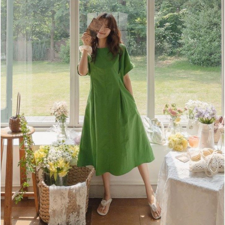 My girl夏季新款韩国代购甜美淑女气质流行简单纯色短袖连衣裙