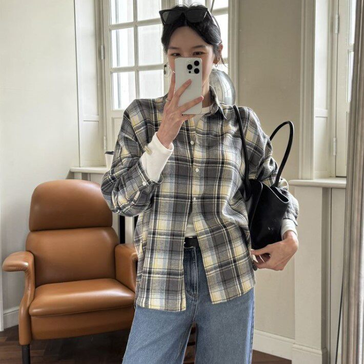 My girl春季新款韩国代购简约风流行百搭时尚舒适格子中长款衬衫